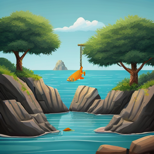 safari landscape, sea critters and fish strewn about, attempting to hide in the landscape, (behind rocks, hanging from trees, etc) Generate it in a cartoonish style.