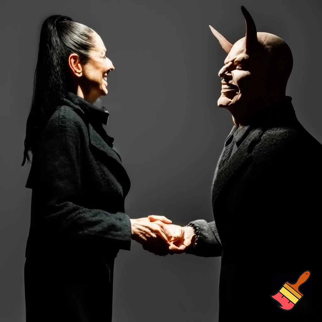 claudia sheinbaum holding hands with the devil and smiling, full body, making deals