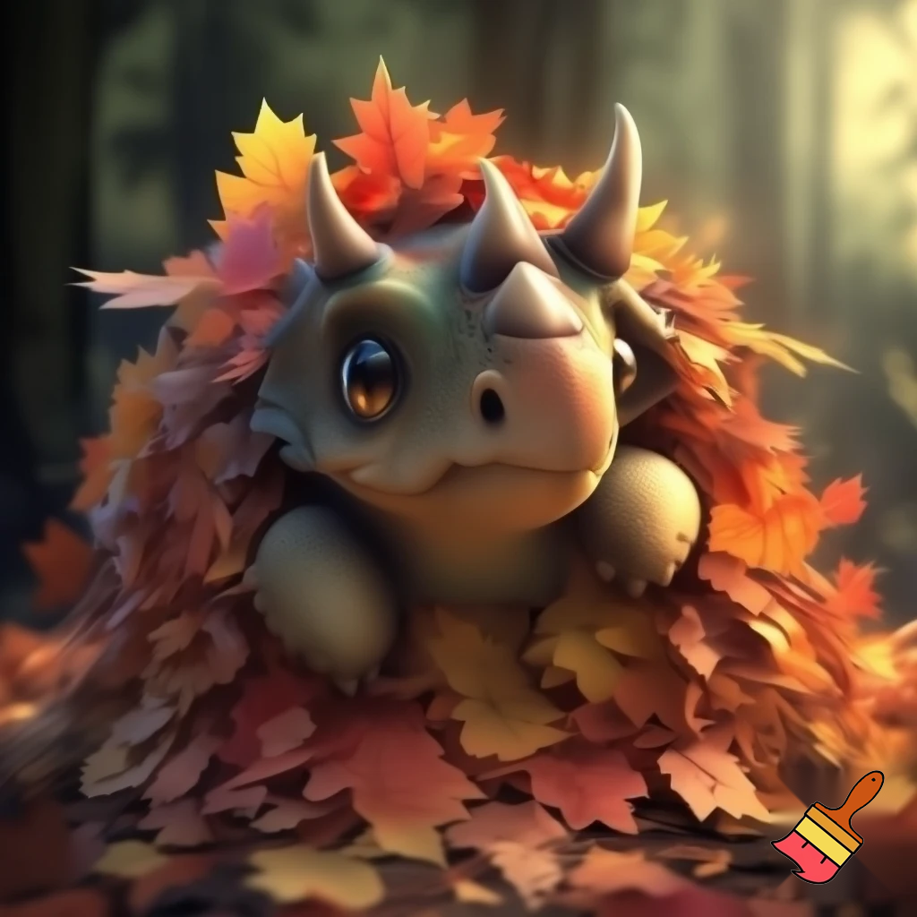 Cute baby triceratops hiding his head in pile of leaves 