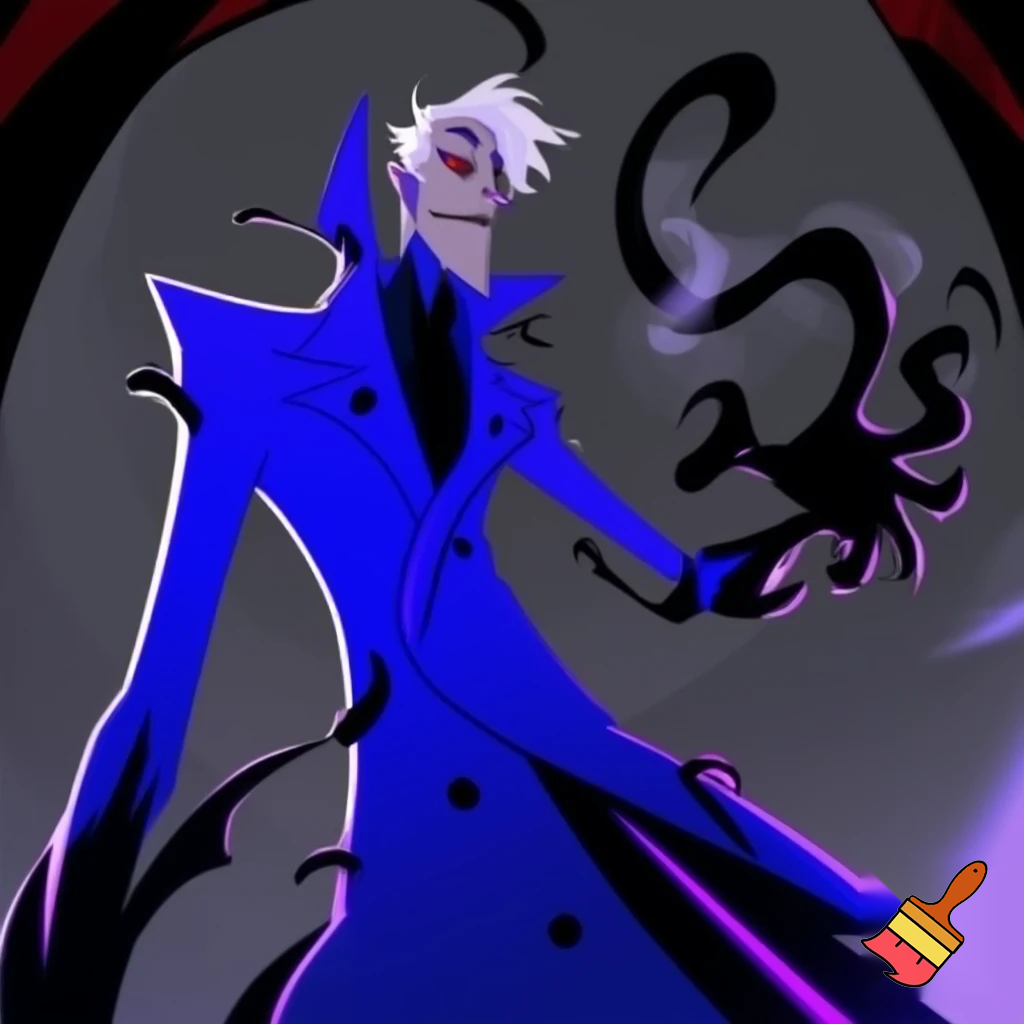 A tall, lean pale man with a similar build to Alastor with white hair, distinctive round brass glasses he has a stern look on his face. his face In cartoonish art style of hazbin 
hotel wearing his signature blue overcoat with black sinister smoke curling around him his hand reaching out, producing the black sinister smoke