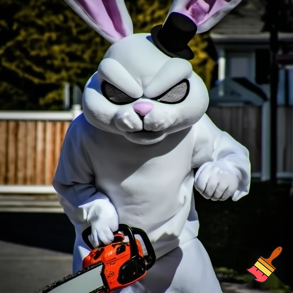 Easter bunny with a chainsaw with a top hat mascot costume go to naughty people angry Easter bunny