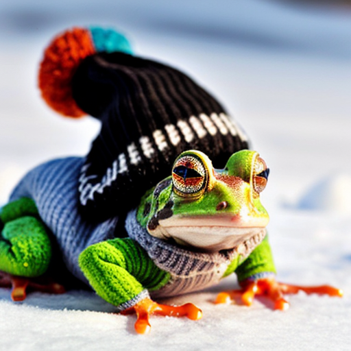 A laughable, puzzled animal toad in woolen, multicoloured winter clothings with woolen winter cap. Hyperrealistic style.