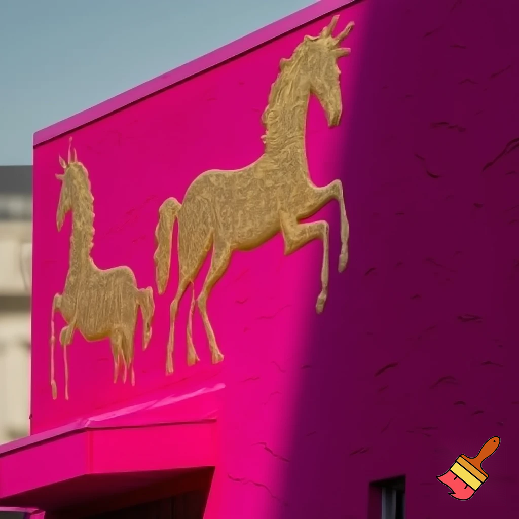 building with walls painted bright pink and magenta with golden unicorn motifs 