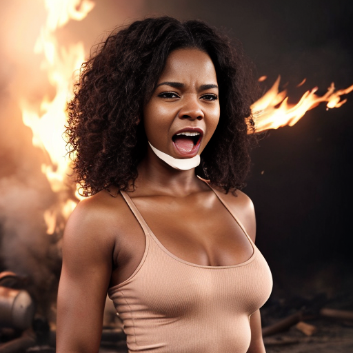 Actress Nia Long long curly hair naked wear a light beige skirt background screaming body on fire 