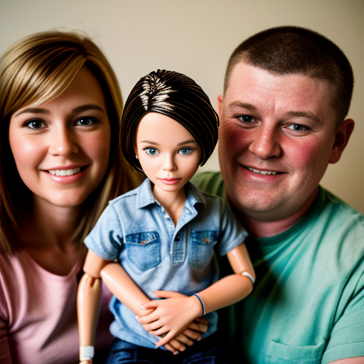 make a family photo of 3 with a 3 year old barbie and a 15 year old ken with there dad let me hug ken