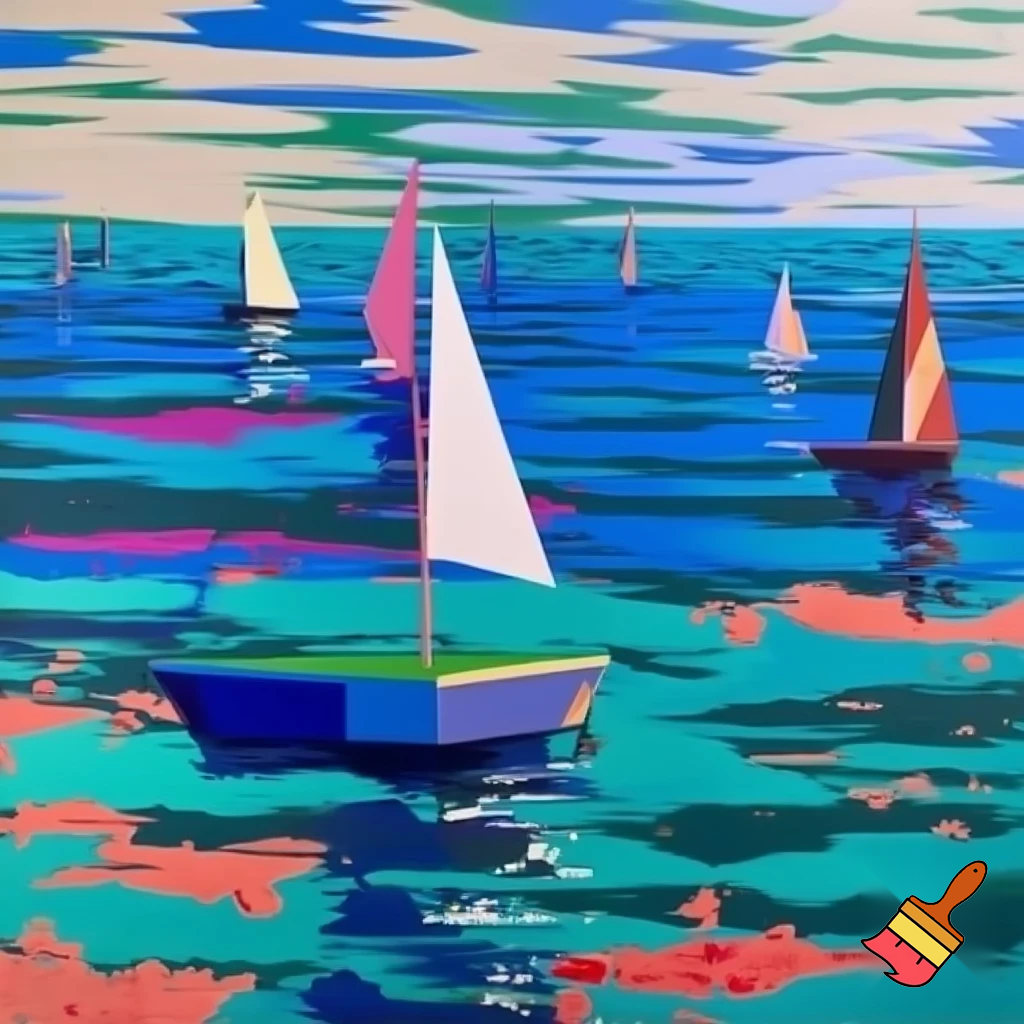 postmodern acrylic painting sea and boats 