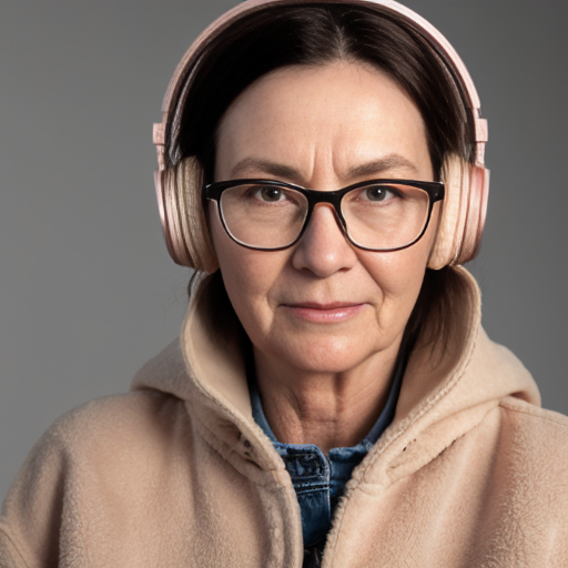 génère moi une femme de 60 ans qui a un brushing cheveux soignés , des écouteurs , elle tient un télephone ,elle porte une paire de basket colorés  , un long manteau beige , un chemisier a fleur rose clair , un jean baggy bleu , une paire de lunettes fines , a son poignet elle porte une montre  , elle porte des bijoux 
