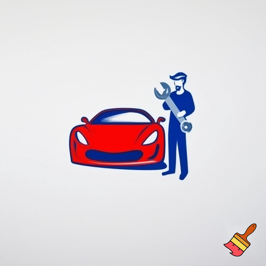 Erstelle ein Logo mit einem weißem Hintergrund. Es soll ein rotes Auto zusehen sein. Rechts daneben steht ein Mechaniker in blau gekleidet und einem Schraubenschlüssel in der Hand.