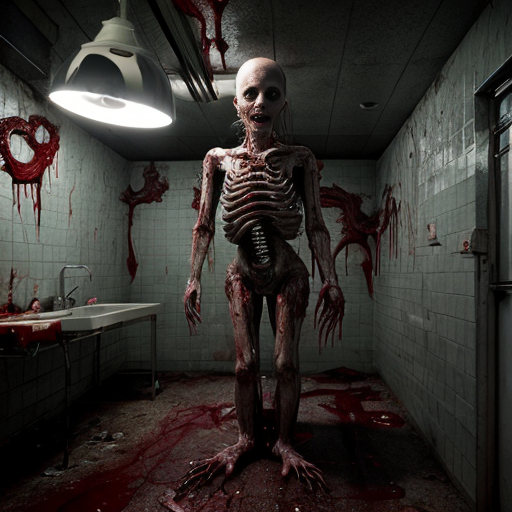 photorealistic horror scene in an abandoned hospital morgue autopsy room, 1980s institutional green tiled walls covered in fresh blood splatter and dripping gore, fluorescent ceiling lights flickering dimly, cold clinical atmosphere, central grotesque eldritch monster standing upright, tall humanoid body composed of writhing dark fleshy tendrils and organic black biomass, octopus-like head with mass of thick slimy tentacles instead of face, no eyes or mouth visible just writhing cephalopod appendages, dripping viscous black ichor and blood, decayed rotting texture on the creature, extremely detailed wet slimy skin and muscle fibers, standing in a large pool of fresh blood on the tiled floor, autopsy table in background with mutilated naked human corpse lying on it, realistic dissected body, exposed organs, blood pooling and dripping off edges, blood trails and smears everywhere, surgical tools scattered, rusty metal sink and lamp, hyper-detailed textures, cinematic horror lighting with harsh shadows and volumetric fog, ultra realistic, photorealistic, 8k, RAW photo, horror movie still, disturbing atmosphere, gore, extreme detail, no censorship