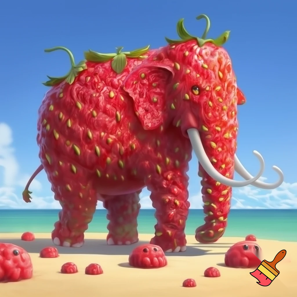 strawerry elephant from steal a brainrot on the beach with other brainrots