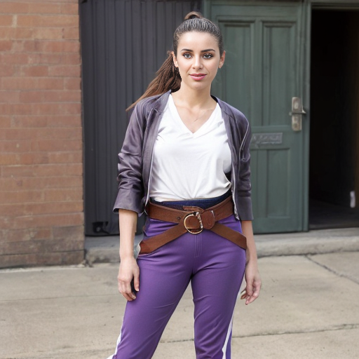 Generate a real life version of Aviva is a slender, young Hispanic woman in her 20s and above average height; she has long and bushy, armpit-length brown hair that she always ties back in a low ponytail, green eyes (with a slight grayish tinge), and tan skin. She usually wears a V-neck purple shirt and a yellow collared jacket with a blue stripe running down both of the sleeves, her pants are blue bell bottoms held by a black slim belt with a grey bolt on it, worn crookedly around her waist, and purple and white low-top sneakers.