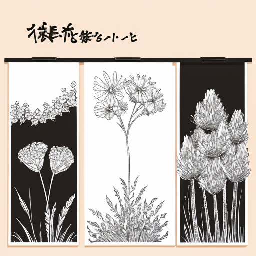 A sketch of multiple wildflowers  in a row. Black and white, simple and hand drawn