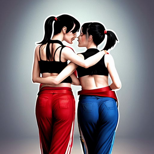 90's disney's 2d aladdin style comic dark blue background and Panels of Panel 1 two black haired ponytail women with blue skin,blue and red striped harem pants and bra and and red curved slippers, walking pass each other. 
panel 2 However, as the two black haired ponytail women with blue skin,blue harem pants red bra and red sash and red curved slippers kisses each other, they are merged, by the pelvis with the red and blue striped harem pants on their butts being conjoined together. 
Panel 3 One of the two black haired ponytail women with blue skin,blue harem pants red bra and red sash and red curved slippers is shocked to realize that the first black haired ponytail woman with blue skin,blue harem pants red bra and red sash and red curved slippers is merged with the second black haired ponytail woman with blue skin,blue harem pants red bra and red sash and red curved slippers after they both kissed. 
Panel 4 Wanting to separate themselves, both the two black haired ponytail women with blue skin,blue harem pants red bra and red sash and red curved slippers begin pulling their merged butts apart. 
Panel 5 However, the two black haired ponytail women with blue skin,blue harem pants red bra and red sash and red curved slippers both fail. 
Panel 6 and then the black haired ponytail woman with blue skin,blue harem pants red bra and red sash and red curved slippers two snap back into each other, exploding into a blast of colors.