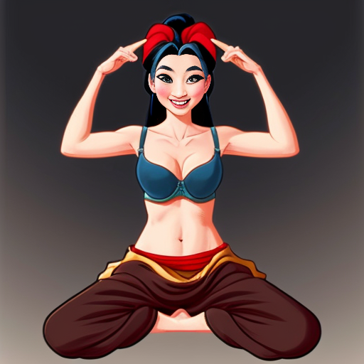 90's disney's 2d aladdin style comic dark blue background and panels of panel 1 Pocahontas barefoot with brown harem pants and bra with both hand palms place together and hiding the bottom of her mouth with a brown veil wrapped around her arms and attached to her head. 
panel 2 she danced with brown harem pants barefoot with brown bra and brown veil wrapped around her arms and shoulders and raising legs and panel 3 Pocahontas barefoot with brown harem pants and bra just bounced up and down her belly  and shook her hips left and right. 
panel 4 as Pocahontas barefoot with brown harem pants and bra spreading her arms, happily revealing her face to the viewer and giving a smile as she turns around shook her butt left and right. 
Panel 5 Pocahontas barefoot with brown harem pants and bra started to fading away , except her belly, which is bouncing around. 
Panel 6 then the ball transforms into the fading in belly of mulan  with red harem pants and red bra and red curved slippers with a  red veil wrapped around her arms and shoulders with her swaying her hips. 
Panel 7 mulan with red harem pants, red bra and red curved slippers and with a red veil wrapped around her arms and shoulders and with her hand palms place together between her chest and she gives a smile and winking her left eye.