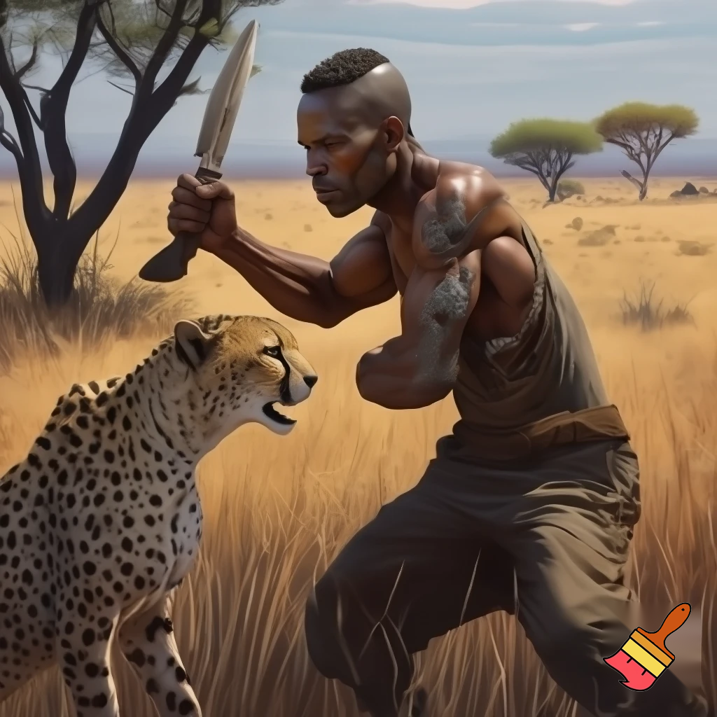 An image of a bush man holding a knife and a gun pointing the gun at a cheetah