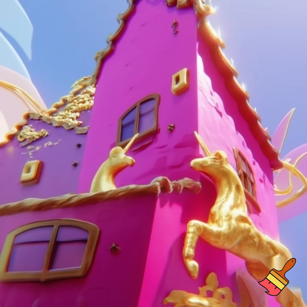 building with walls painted bright pink and magenta with golden unicorn motifs 
