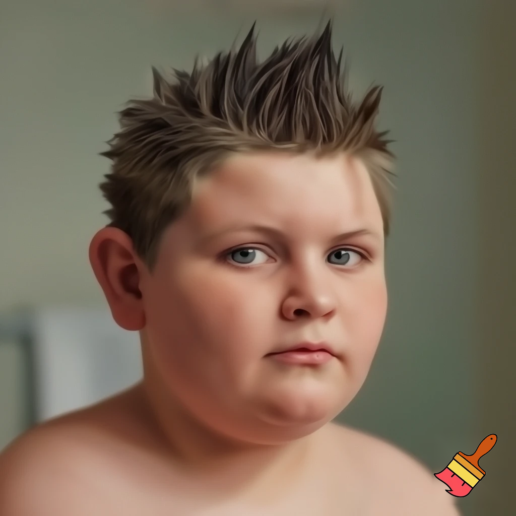 Chubby boy 13 years old with toilet brush haircut, realistic human