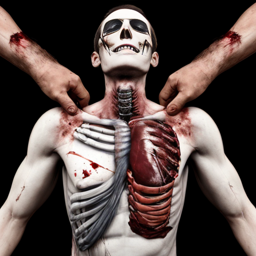 A corpse shirtless man, died, face are hiding by shirt with cut eye part (not eye human), eye closed, chest fully opened wounded circle on center, blood everywhere. Gibs and ribs (from chest bone) everywhere and broke, organs piece by piece.