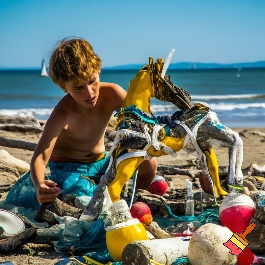 boy building a horse out of beach trash