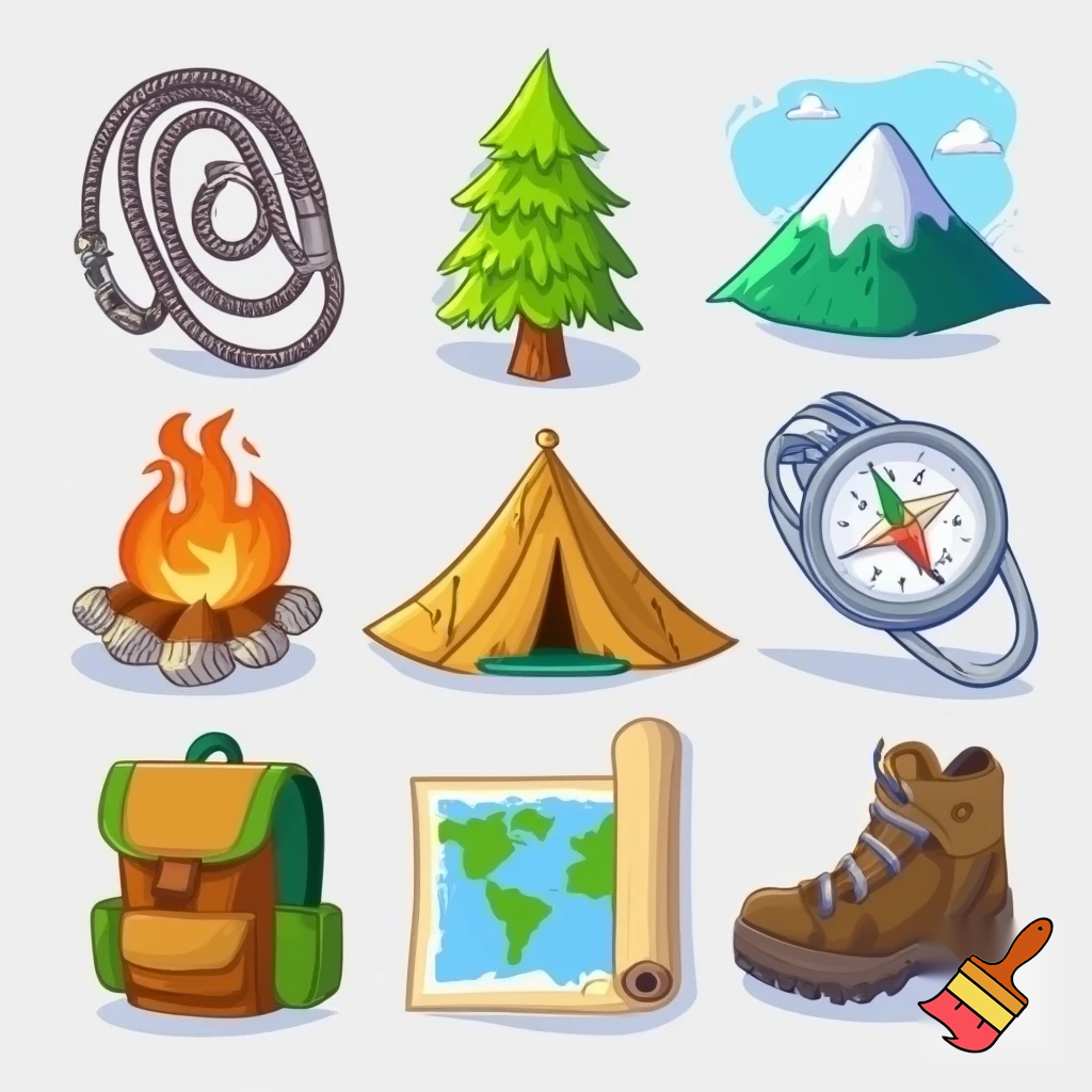 single icons of nature exploration in cartoon style : cord, fir tree, mountain, campfire, tent, carabiner, compass, backpack, world map, hiking shoe, binoculars