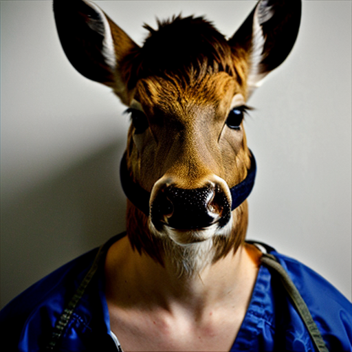 picture of a mugshot deer, scars, serious face holding a number board