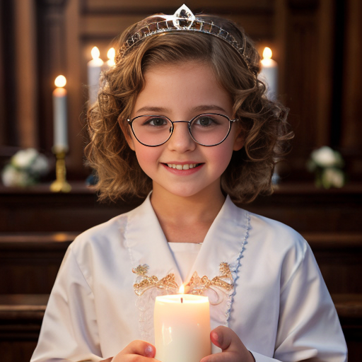 Cute adorable niña Chilindrina glasses con hair curly Blonde con corona Flores con verano elegante formal primera comunión sensual sexy con holding vela dé candela con altar con iglesia templó católico 4