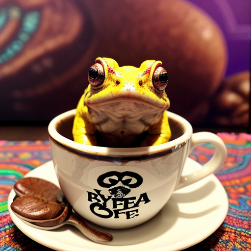 A hillarious, funny boho toad with some hippie colored coffee cups. Psychedelic decorated background, hyperrealistic. Close-up view.