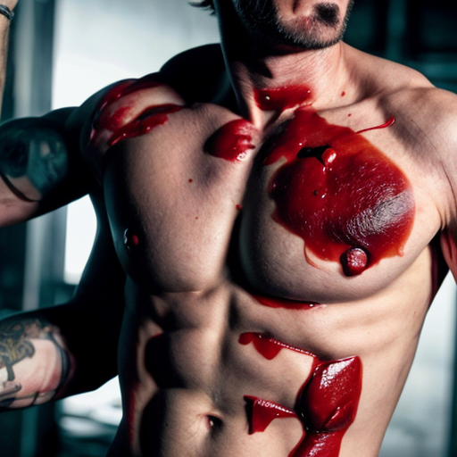 A gangster lifeless man body, shirt pull into shirtless, opened wounded making exposed ribs and gore on center chest, blood bleeding mouth, both eyes closed.