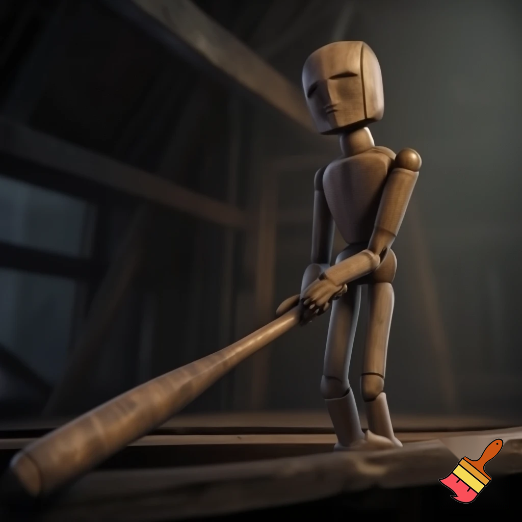 wooden figure with arms and a bat