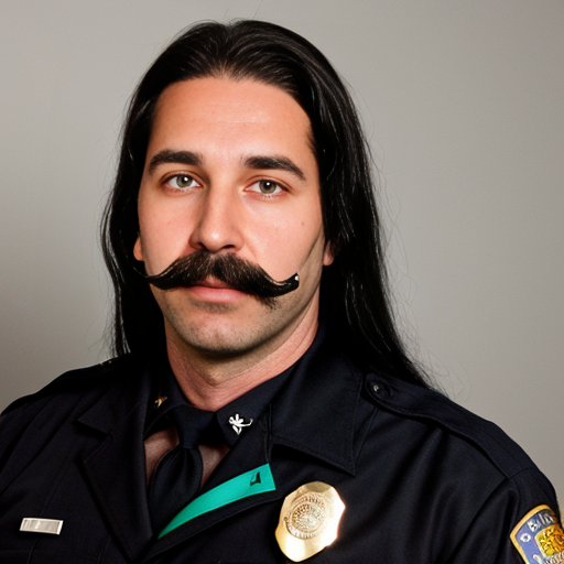40 year old cop with long black hair tied down, a big black mustache with a gray streak in it, green eyes, and a mole on his cheek.