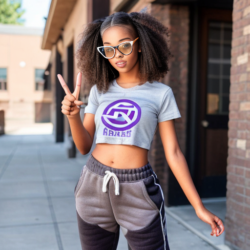 Realistic teenage girl with medium brown curly 2A hair, brown eyes, purple glasses, a dark grey t shirt with a white bow, black wide leg sweatpants and brown ugg shoes doing the peace sign with both hands and also doing the kissy face