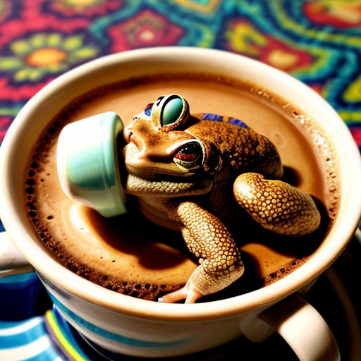 A hillarious, funny boho toad with some hippie colored coffee cups. Psychedelic decorated background.