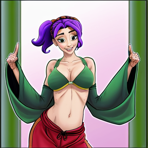 90's disney's 2d aladdin style comic dark black background and panels of 
panel 1 purple haired Ponytail shantae with red harem pants and red bra and red curved slippers with both hand palms place together and hiding the bottom of her mouth with a red veil wrapped around her arms and shoulders. 
panel 2 she danced with red harem pants with red bra and red curved slippers and red veil wrapped around her arms and shoulders and raising legs and bounced up and down her belly and shook her hips left and right. 
panel 3 as Shantae with red harem pants and red bra and curved red slippers spreading her arms, happily revealing her face to the viewer and giving a smile as she turns around shook her butt left and right. Panel 4 as purple haired Ponytail shantae with red harem pants and red bra and red curved slippers started to fading away , except her belly, which is bouncing around. 
Panel 5 then the ball transforms into the fading in belly of green haired Ponytail shantae with light green skin and green harem pants and green bra and green curved slippers and green veil wrapped around her arms and shoulders with her swaying her hips. 
Panel 6 green haired Ponytail shantae with light green skin and purple harem pants and green bra and green curved slippers and green veil wrapped around her arms and shoulders and with her hand palms place together between her chest and she gives a smile and winking her left eye. 