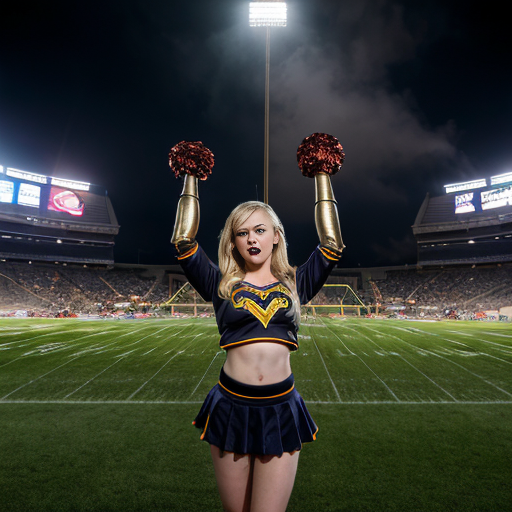 
High school stadium at night, flickering lights casting long shadows. A tall blonde vampire cheerleader with pale skin and glowing red eyes stands at the center, casting a powerful golden mist spell. Every female student around her is affected: their skin is pale and lifeless, their eyes glowing gold, their expressions vacant and dead. Their clothing has magically transformed into tattered cheerleader outfits combined with battered copper armor.
From graves surrounding the stadium, more female figures rise, equally pale and dead-looking, drawn by the vampire’s magic. They wear similar cheerleader-copper armor hybrids and join the crowd in obedient formation. Golden magical symbols swirl around the vampire’s hands, glowing mist fills the air, and dramatic shadows stretch across the stadium. The atmosphere is dark, supernatural, and cinematic, emphasizing undead obedience, magical power, and eerie, lifeless horror.