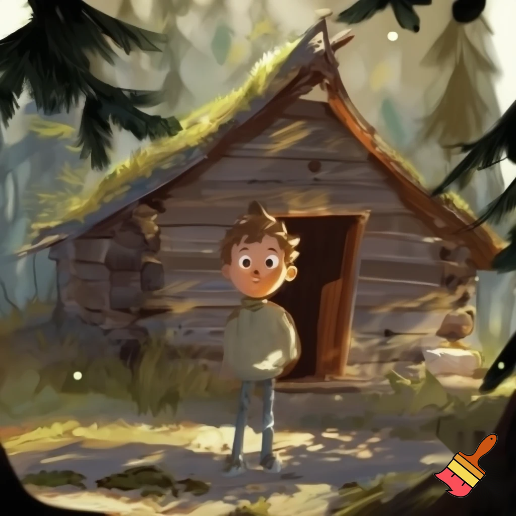 A kid that is in a front of a cabin and he is 11 years old 