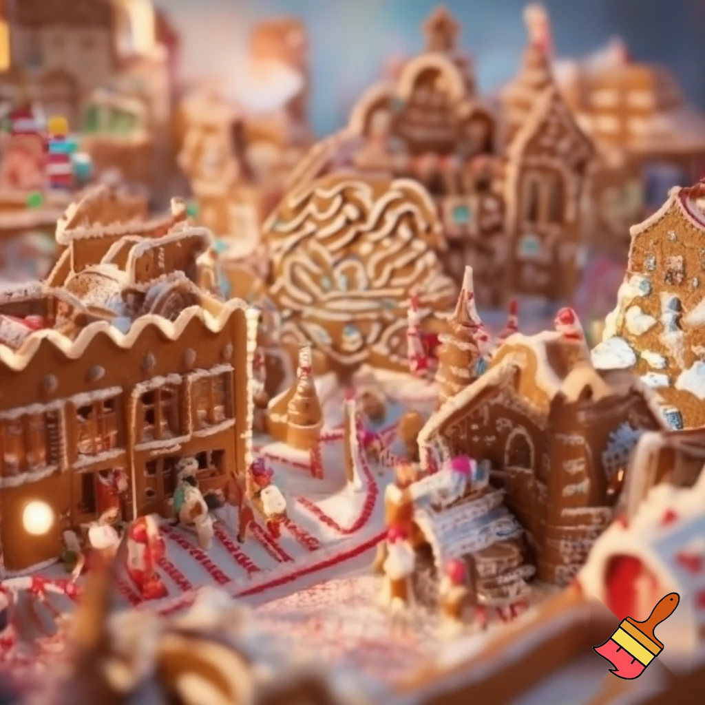 ginger bread house city withsom ginger breads people walking around
