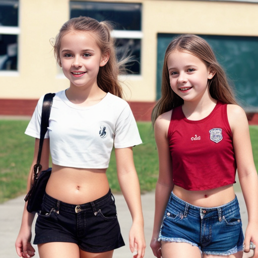 little girls in short shorts and crop top , in school 