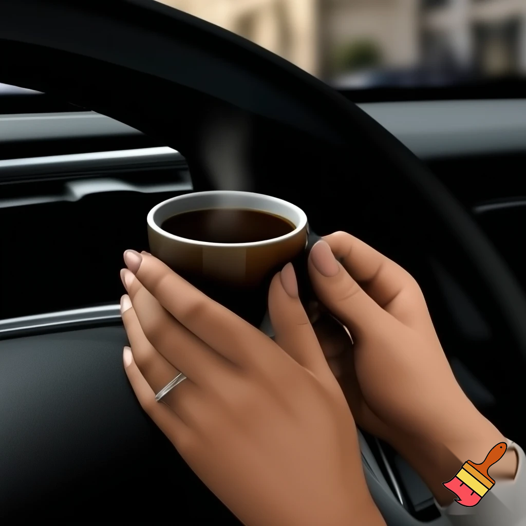 give me a photo of a successful woman holding a cup of coffee in her car, her face should not appear in the photo