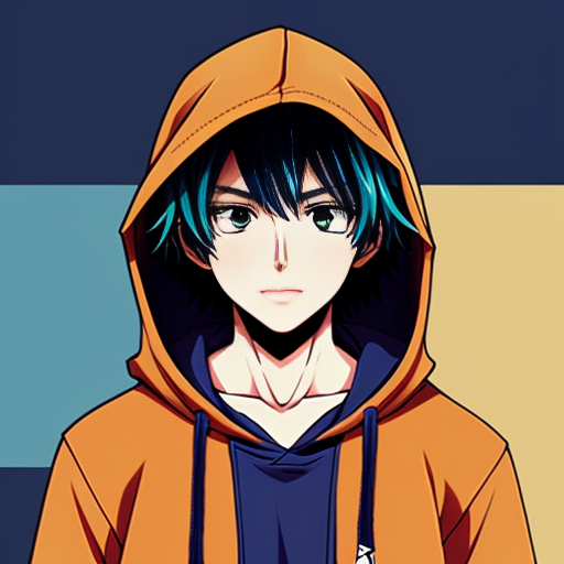 black anime teenage boy wearing a dark blue hooded jumper with the hood up and his eyes are bright purple