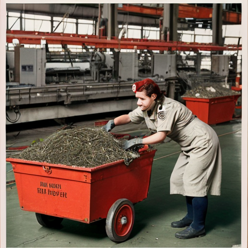Women work in factories building equipment. Men in uniform prepare to leave for war. Children collect scrap metal in a red wagon. Posters on walls say, “Careless Talk Costs Lives” and “Grow Your Own.”