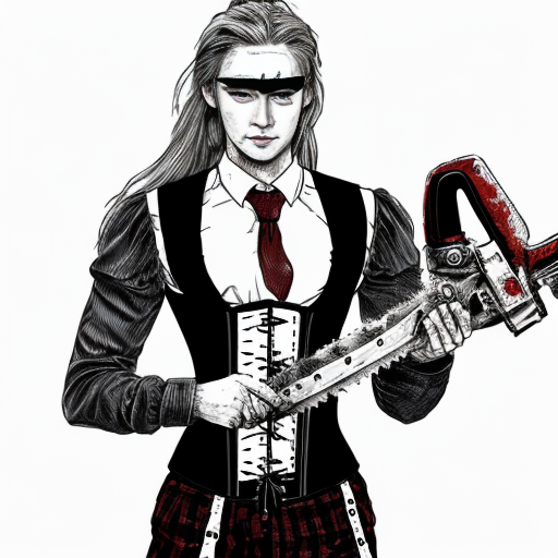 make a rough sketch of a feminine man, (tall and slender body type, white long hair, corset and red eye) and holding a chainsaw