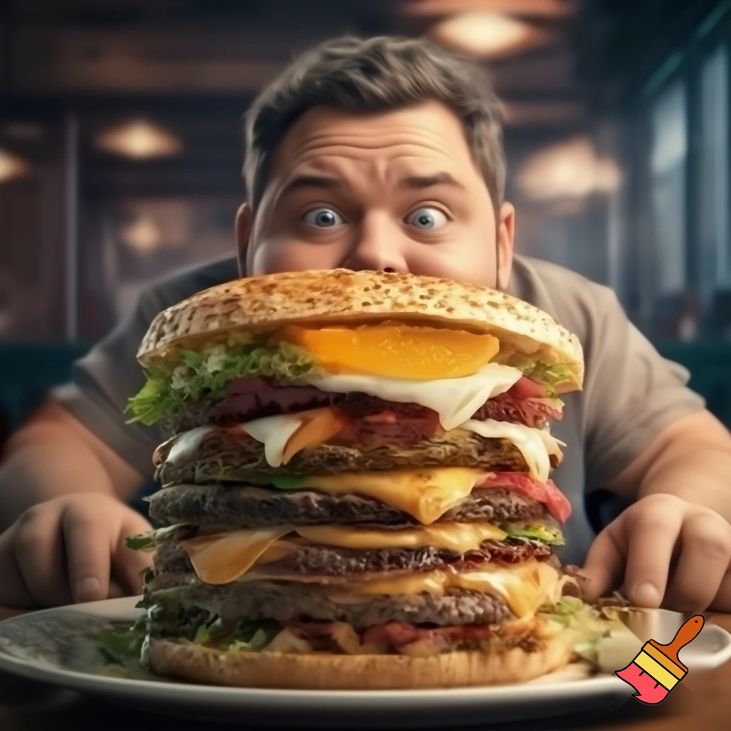 a fat man trying to get a huge burger with a hidden slice of a orange