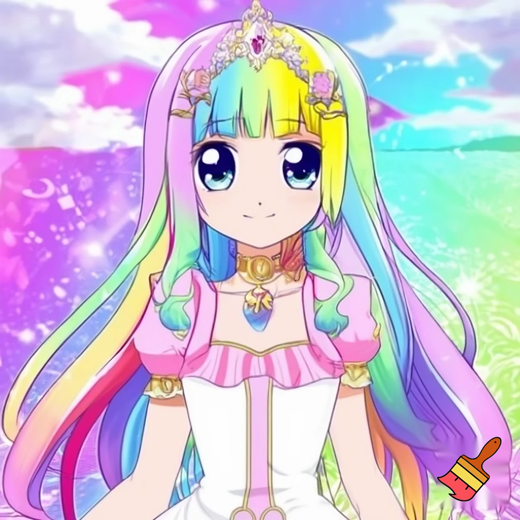 An anime magical girl with rainbow pastel hair and dress on a pastel fantasy field