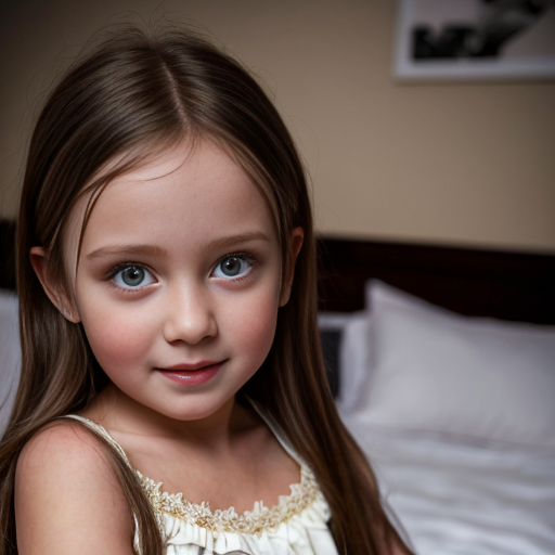 finnish little girl at night dress, very beautiful and eager, long brunette hair, on the bedroom, brown eyes, close up
