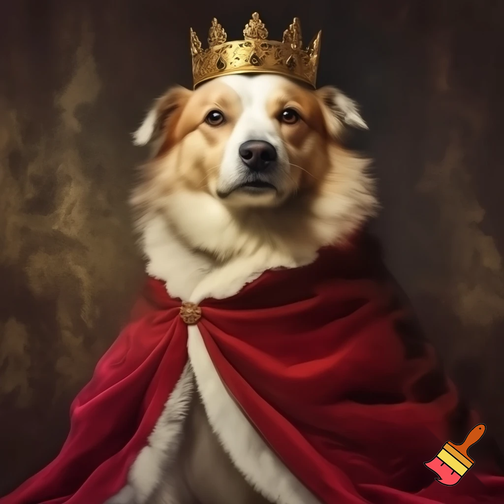 genarate a fluffy dog with a crown and kings robe