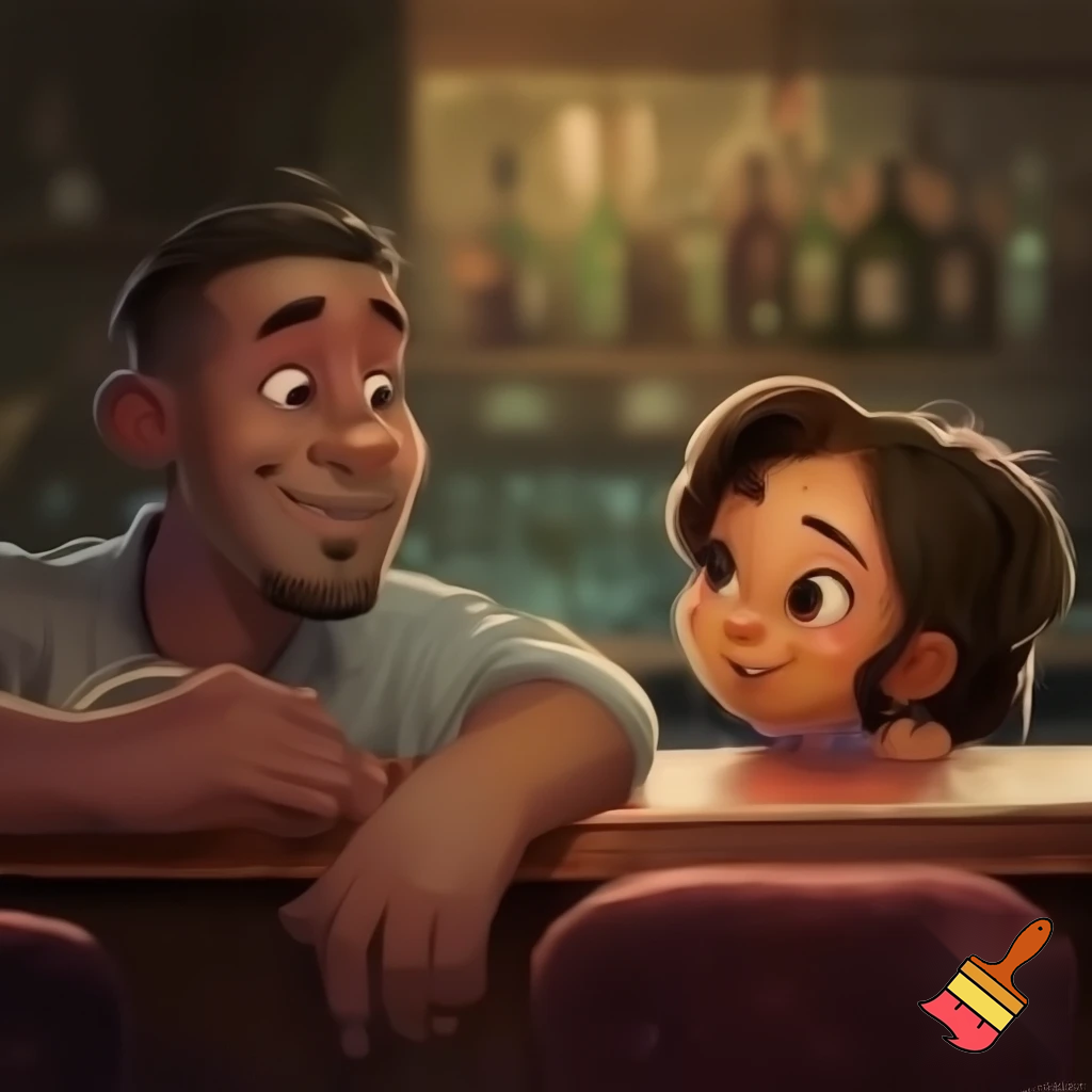 Create a realistic cartoon of black man with a Spanish girl dating at a bar