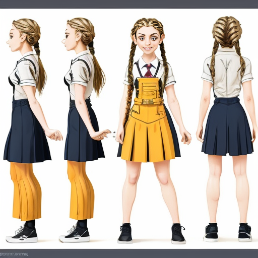 Create an original female character in a vibrant, cartoon style, designed as a professional concept art reference sheet. Include multiple angles: front, back, and 3/4 views, as well as expressive poses showing movement and emotion. Present clean, crisp linework with polished shading and vibrant colors, ensuring each part of the character’s design is clearly visible. Include close-ups of key details such as clothing patterns, accessories, and hair, while keeping proportions stylized but consistent. The composition should resemble a high-quality character reference sheet used in animation or game design, with neat annotations or visual notes showing design elements, color palette swatches, and small accessory details. Lighting should be soft and even to showcase the design clearly, and the overall layout should feel professional, organized, and visually appealing, female, blonde blue and golden translucide extremely glowing hair, wavy long hair, school uniform. Pale skin, tall and slim, elegant tied hair with Braids, sword