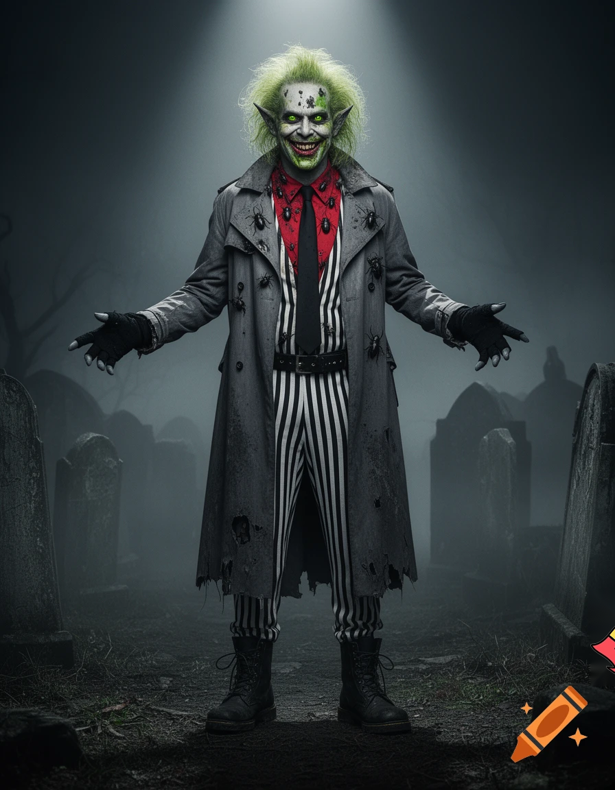 Beetlejuice with pale skin covered in moldy green patches, dark eyebags, rotten teeth, green demon eyes, pointy ears, and unkempt greenish-blonde hair, wearing a red shirt covered with black beetles, a black tie, a vest with vertical black-&-white stripes, a long dark gray dirty torn Trench Coat, long black fingerless gloves, a black belt, pants with vertical black-&-white stripes, a pair of black Combat-style Beatle boots, standing in a foggy gothic graveyard, under a spotlight, with his arms outstretched.