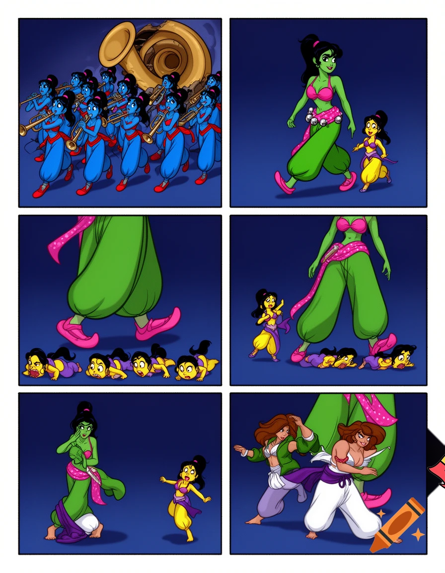 90's disney's 2d aladdin style comic dark blue background and panels of panel 1 a marching band of black haired ponytail women  with blue skin,blue harem pants red bra and red sash and red curved slippers and each playing an instrument while marching out of the remains of the belly bugle. 
Panel 2 followed by a giant black haired ponytail woman with green skin,green harem pants pink bra and pink curved slippers sash with cowbells who marches in front of a black haired ponytail woman with yellow skin, yellow harem pants, purple bra and purple sash and purple curved slippers . 
Panel 3 then the giant black haired ponytail woman with green skin,green harem pants pink bra and pink curved slippers sash with cowbells  who repeatedly steping and squishing on a black haired ponytail woman with yellow skin, yellow harem pants, purple bra and purple sash and purple curved slippers 
Panel 4 The black haired ponytail woman with yellow skin,yellow harem pants purple bra and purple sash and purple curved slippers eventually has enough and sneaks behind the giant black haired ponytail woman with green skin,green harem pants pink bra and pink sash and pink curved slippers 
panel 5 The curvy figure woman with brown hair barefoot with white harem pants with a purple sash and green vest and white bra then kicks the giant black haired ponytail woman with green skin,green harem pants pink bra and pink sash and pink curved slippers in the butt. 
Panel 6 then the giant black haired ponytail woman with green skin,green harem pants pink bra and pink sash and pink curved slippers split into three black haired ponytail women with big breast and hips green skin,green harem pants pink bra and pink sash and pink curved slippers. 