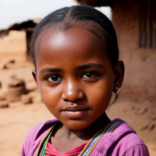 sudanese little girl, very beautiful and eager, on the village, close up